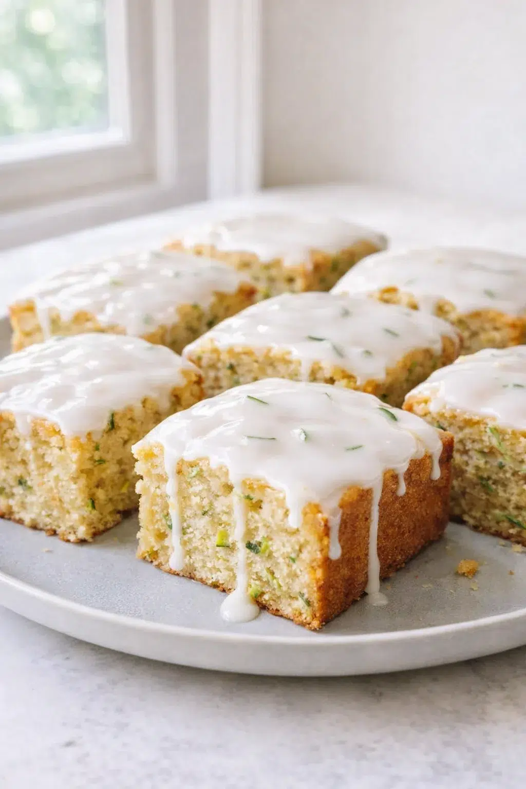 Smooth white lemon glaze being drizzled over cooled zucchini bars before slicing.