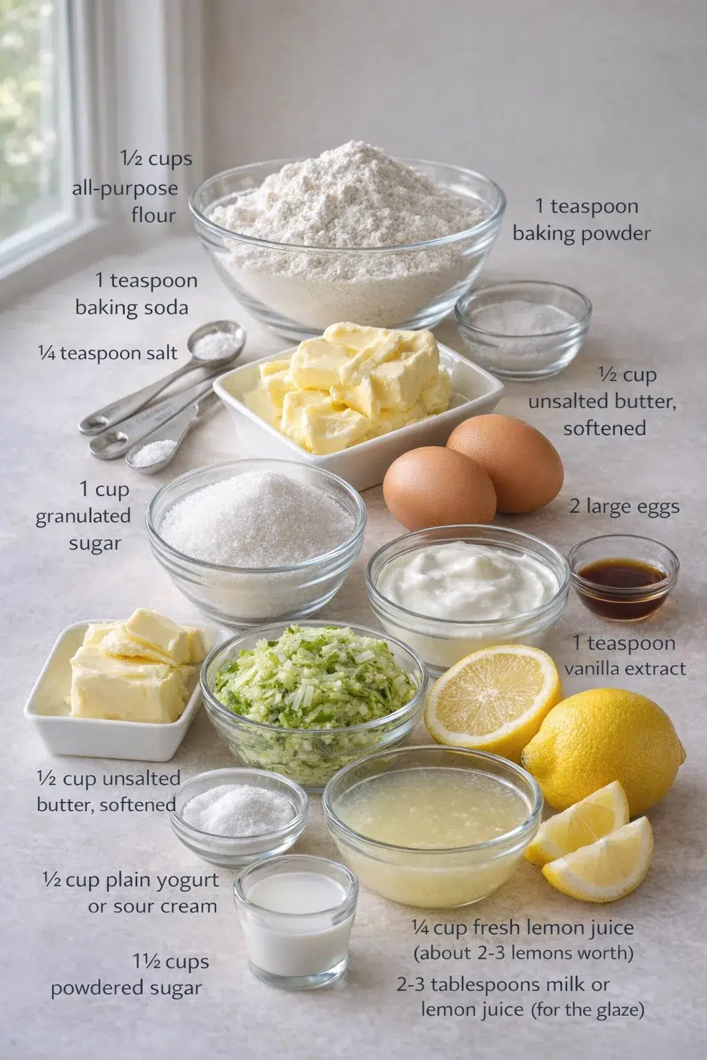 Measured ingredients arranged for Amazing Secret in 1 Delicious Lemon Zucchini Bars with Glaze - 911recipes.com: 1 ½ cups all-purpose flour, 1 teaspoon baking powder, ½ teaspoon baking soda, ¼ teaspoon salt, ½ cup unsalt