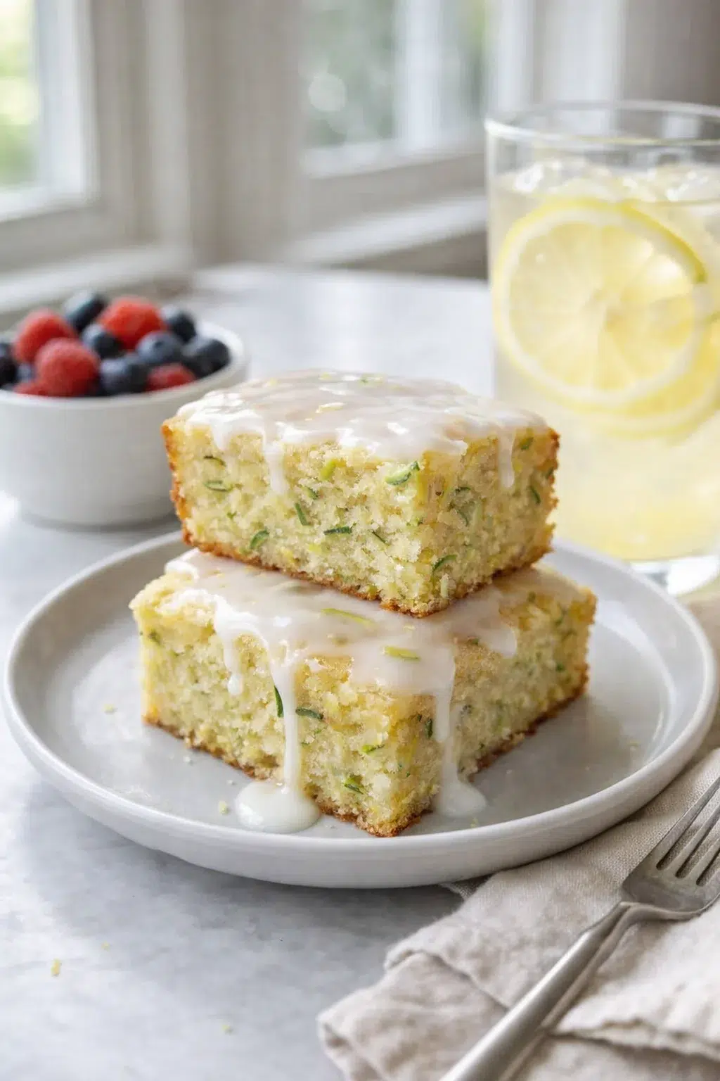 Alternative angle of Amazing Secret in 1 Delicious Lemon Zucchini Bars with Glaze - 911recipes.com served with a pairing