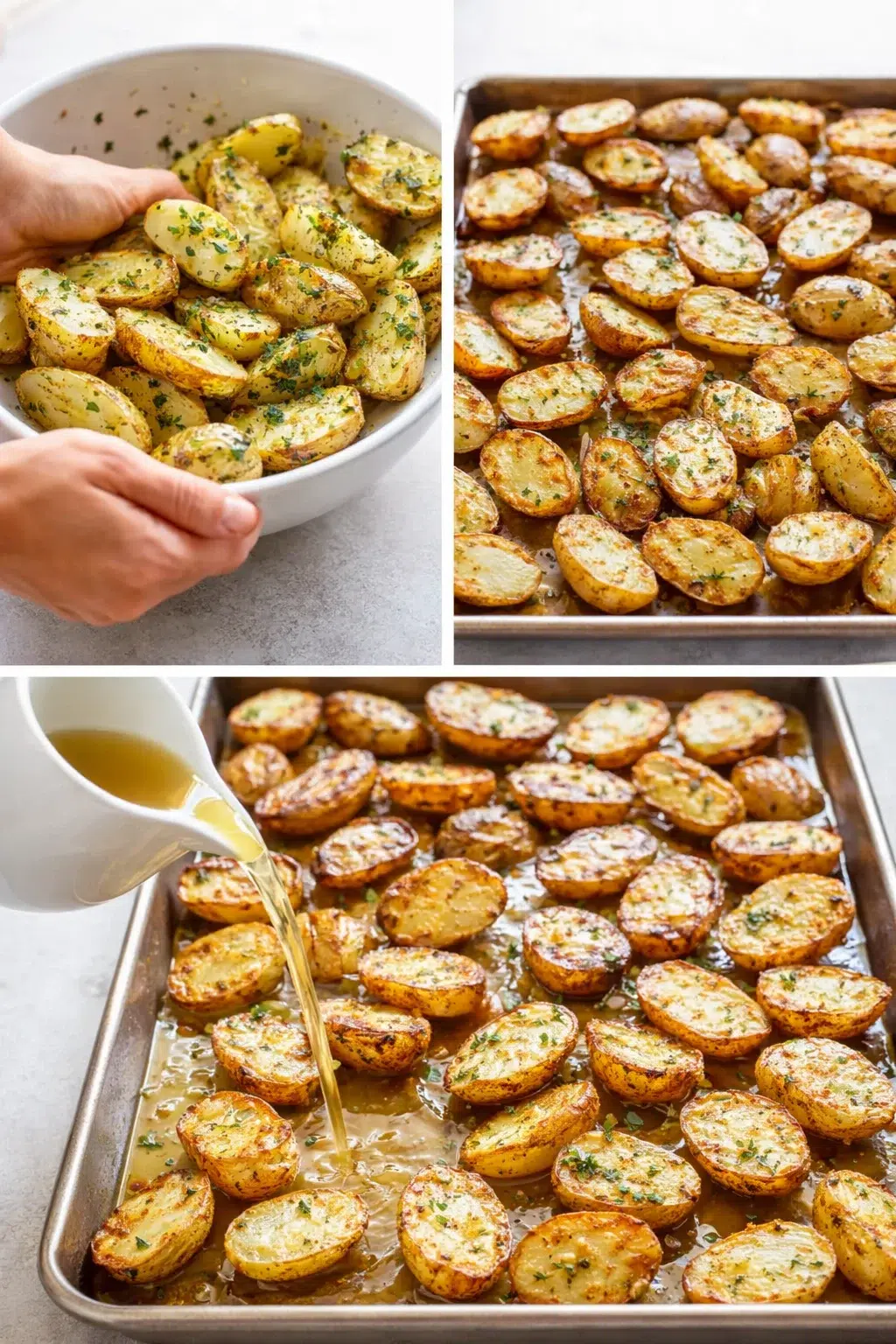 Marinated potato wedges arranged in single layer on roasting pan, being flipped and broth poured.