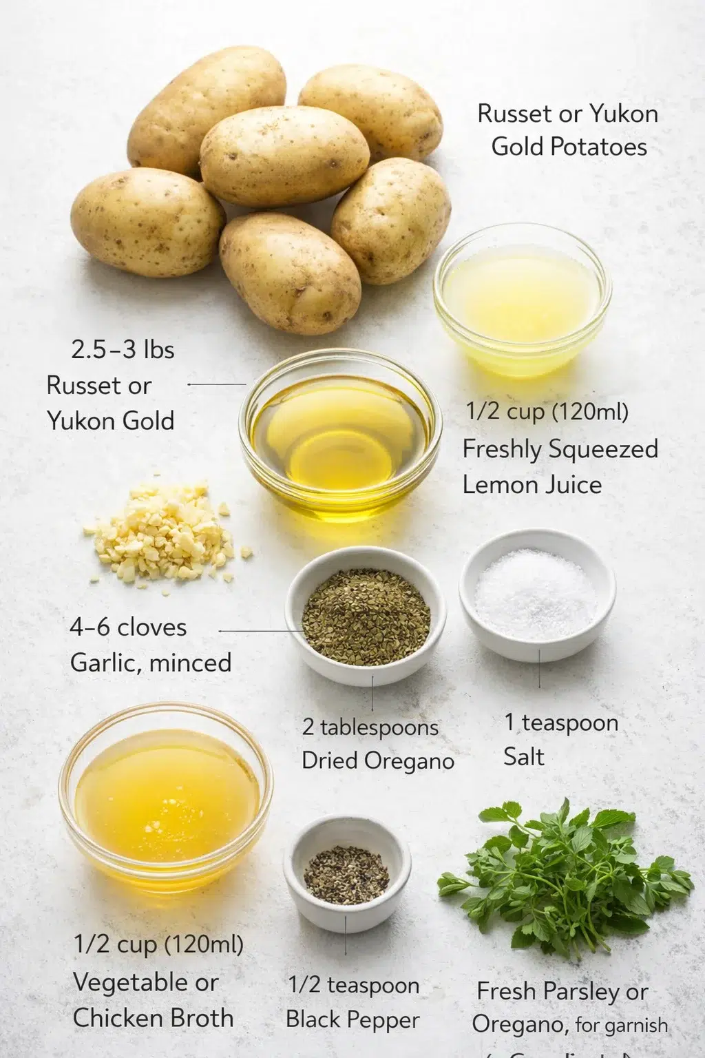 Measured ingredients arranged for Authentic Greek Potatoes Recipe: Crispy Lemon Perfection!: 2.5-3 lbs Russet or Yukon Gold Potatoes, 1/2 cup (120ml) Freshly Squeezed Lemon Juice, 1/2 cup (120ml) Good Quality Extra Virgi
