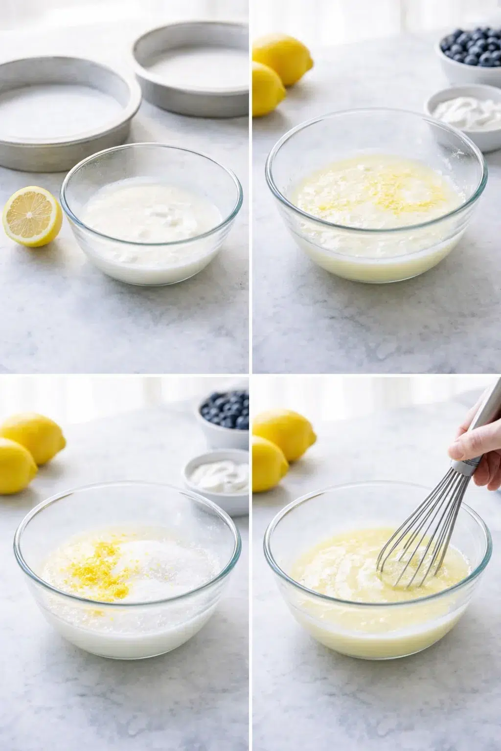 Two greased parchment-lined cake pans beside a bowl of thickened lemon-milk mixture being whisked