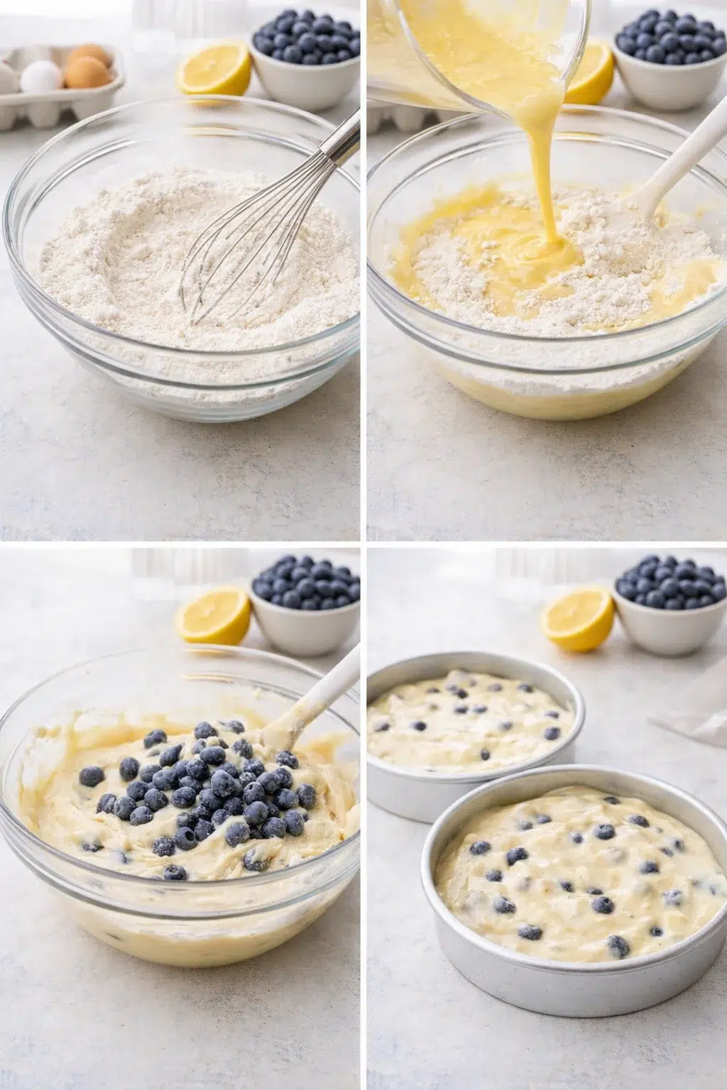 Mixing bowl with flour mixture, batter being combined and blueberries folded, batter divided into pans