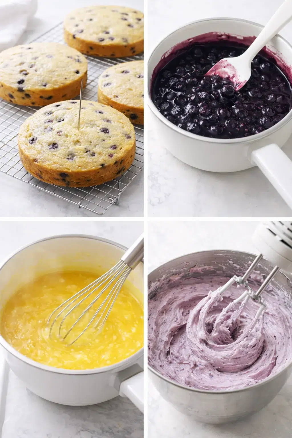Baked cake layers cooling on a wire rack with separate bowls of blueberry sauce and lemon curd