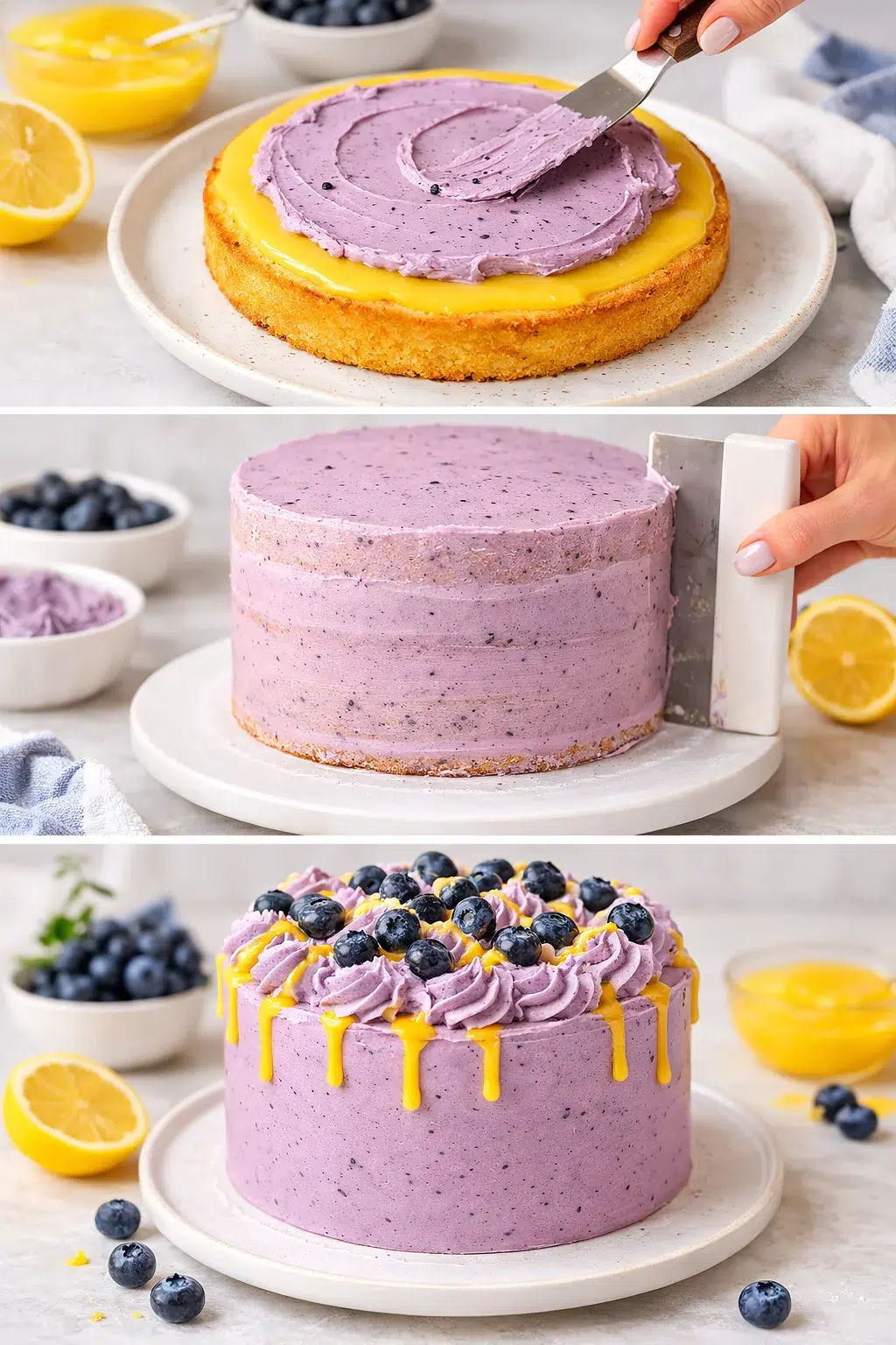 Assembled cake being frosted: crumb-coated then final blueberry buttercream applied, topped with blueberries and lemon curd