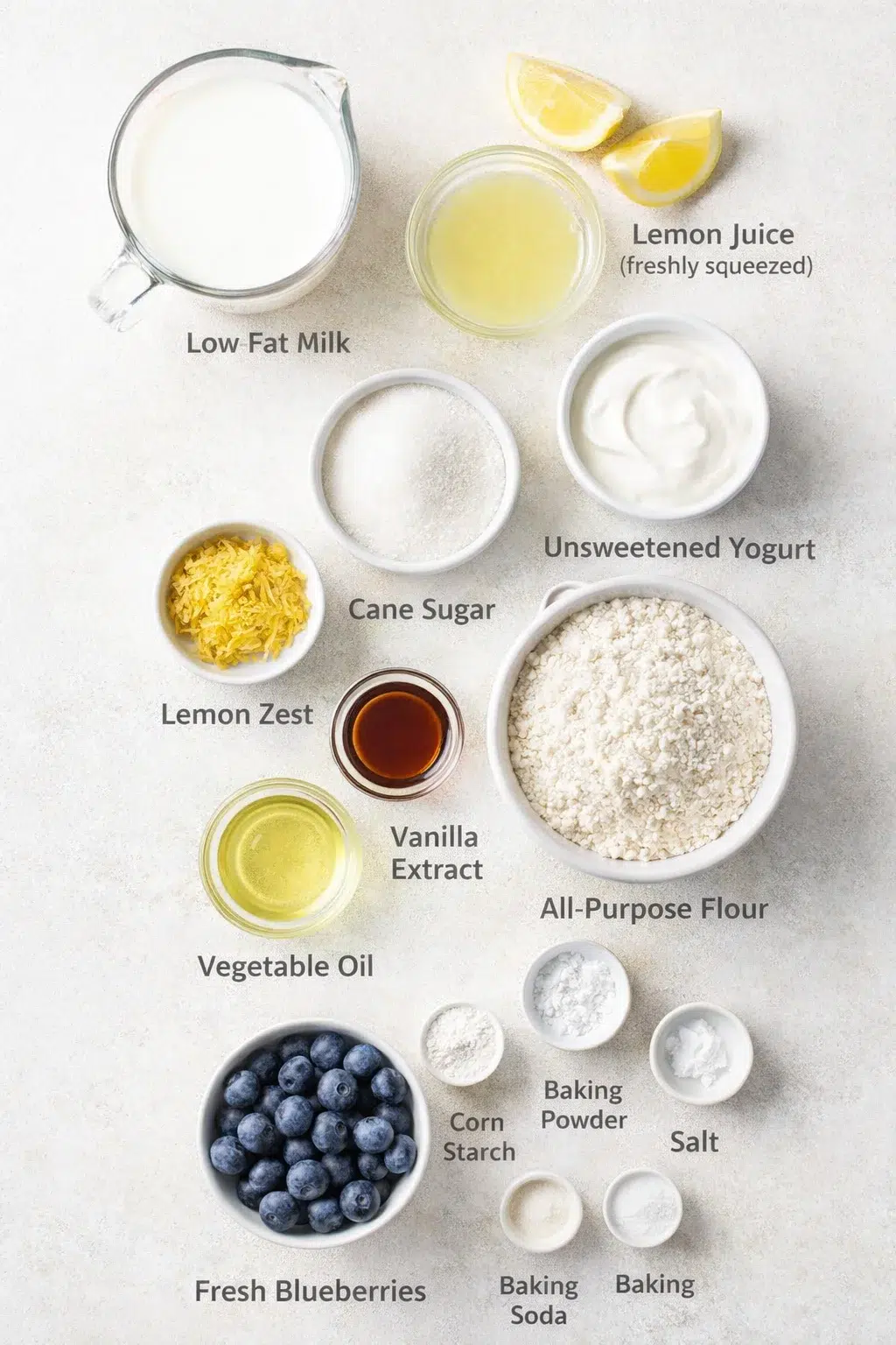 Measured ingredients arranged for Moist Lemon Blueberry Cake: Low Fat Milk, Lemon Juice (freshly squeezed), Unsweetened Yogurt, Lemon Zest, Cane Sugar, Vanilla Extract