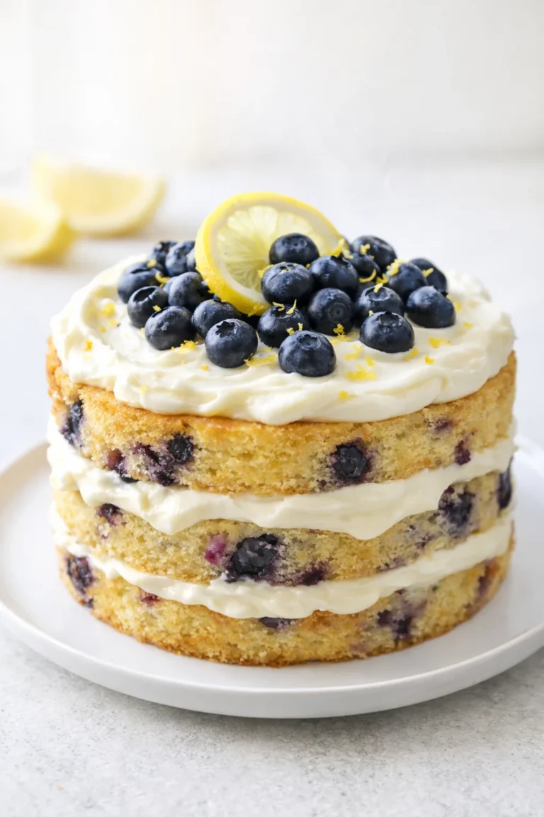 Final plated Moist Lemon Blueberry Cake served as a hero shot