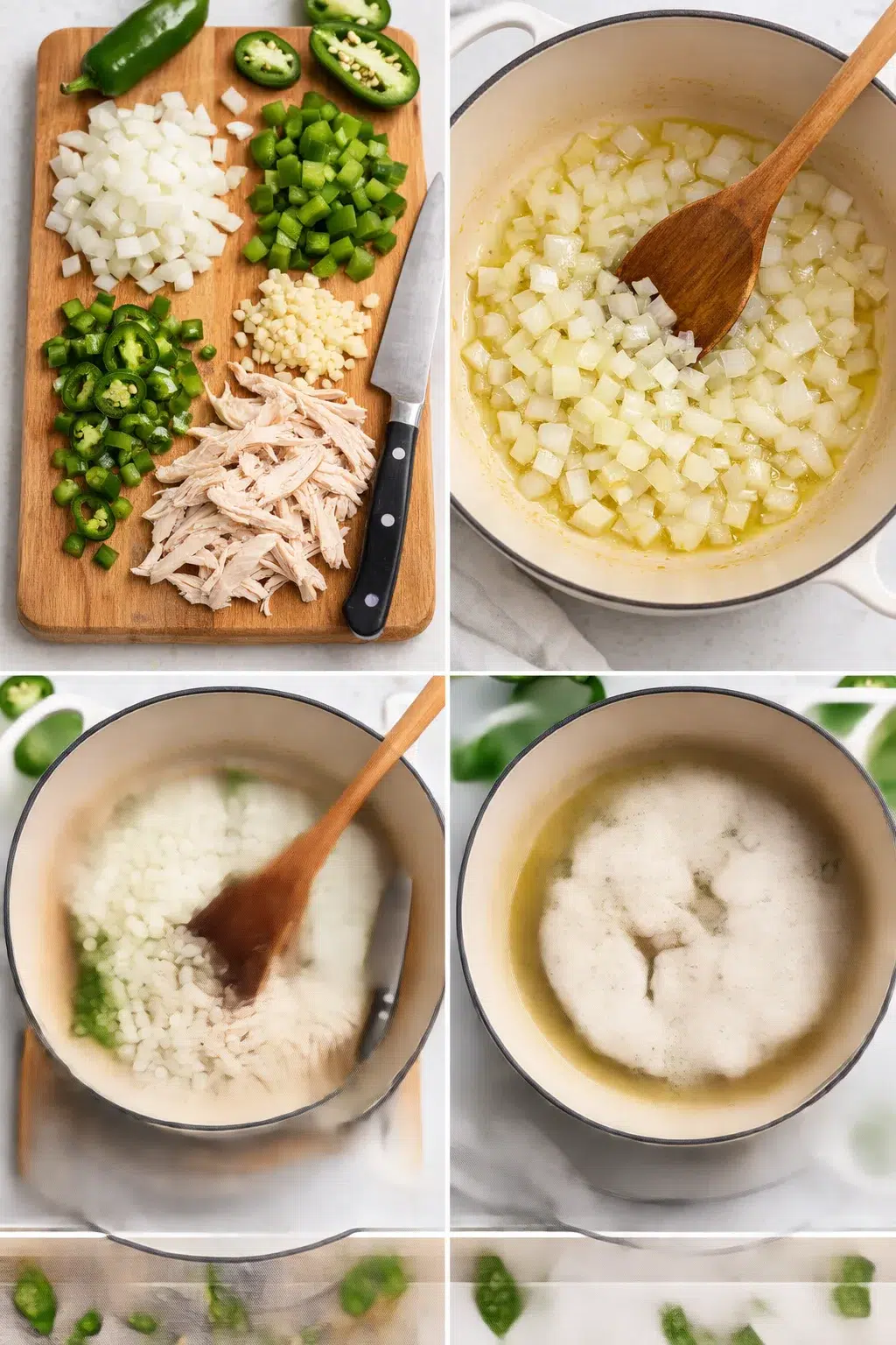 Chopped onion, diced jalapeño and bell pepper alongside raw or shredded chicken; onions sautéing in pot.