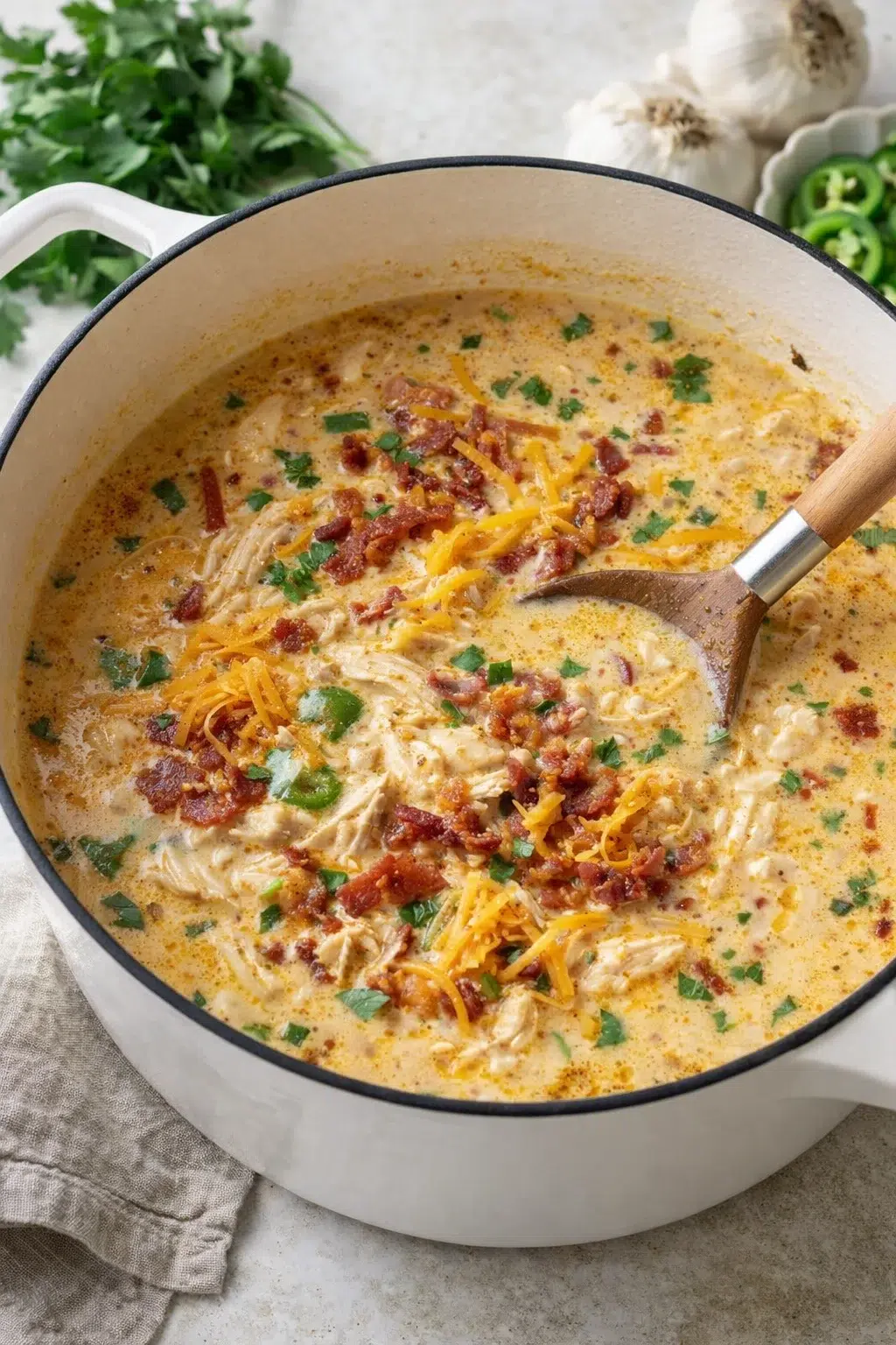 Shredded chicken stirred into pot as heavy cream and cream cheese melt, cheddar and bacon folded in.