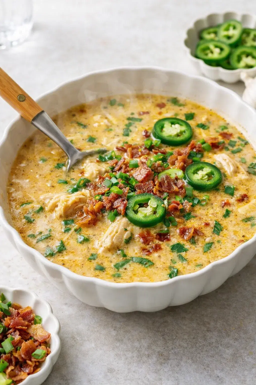 Soup gently simmering in pot with steam rising, ladle nearby for tasting and seasoning adjustments.