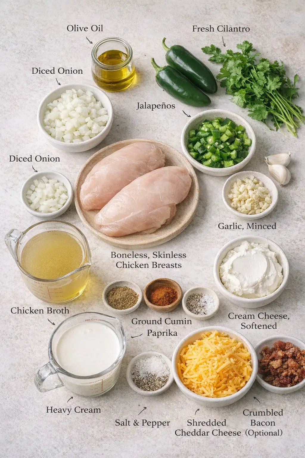 ingredients-placeholder.png Measured ingredients arranged for Spicy Jalapeño Popper Chicken Soup Recipe and Tips: 1 tablespoon olive oil, 1 medium onion, diced, 3 cloves garlic, minced, 2 large jalapeños, seeds removed and diced (Adjust number base