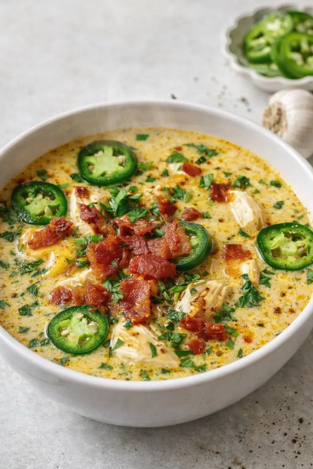 intro_final_dish-placeholder.png Final plated Spicy Jalapeño Popper Chicken Soup Recipe and Tips served as a hero shot