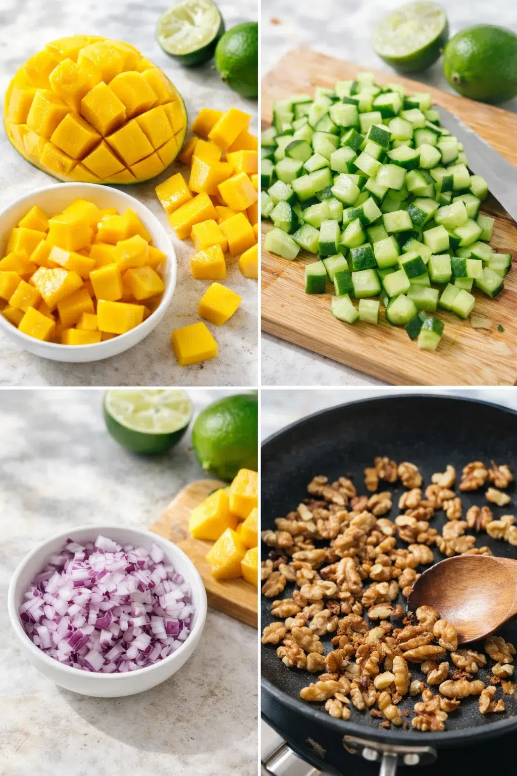 Scored mango cheeks, diced cucumber and red onion on board, walnuts browning in skillet