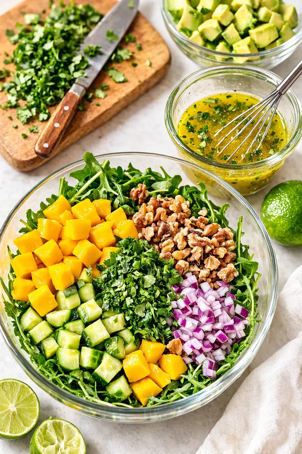 Chopped cilantro and avocado near jarred vinaigrette being whisked, mango and arugula mixed in bowl