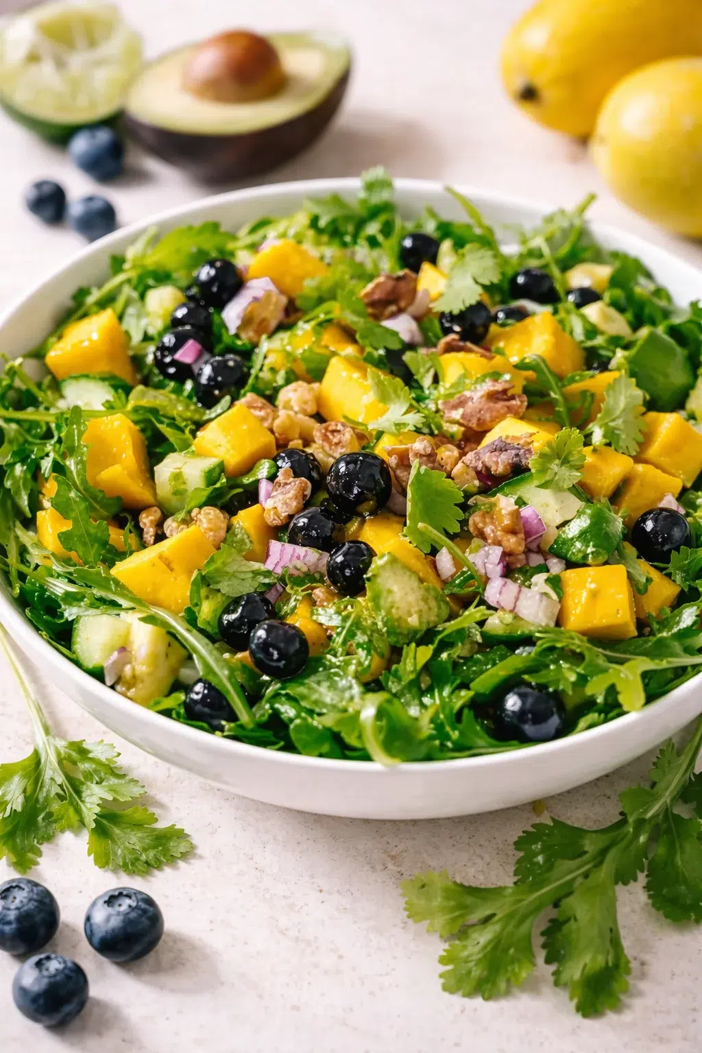 intro_final_dish-placeholder.png Final plated Mango Cucumber Salad with Blueberries and Avocado served as a hero shot