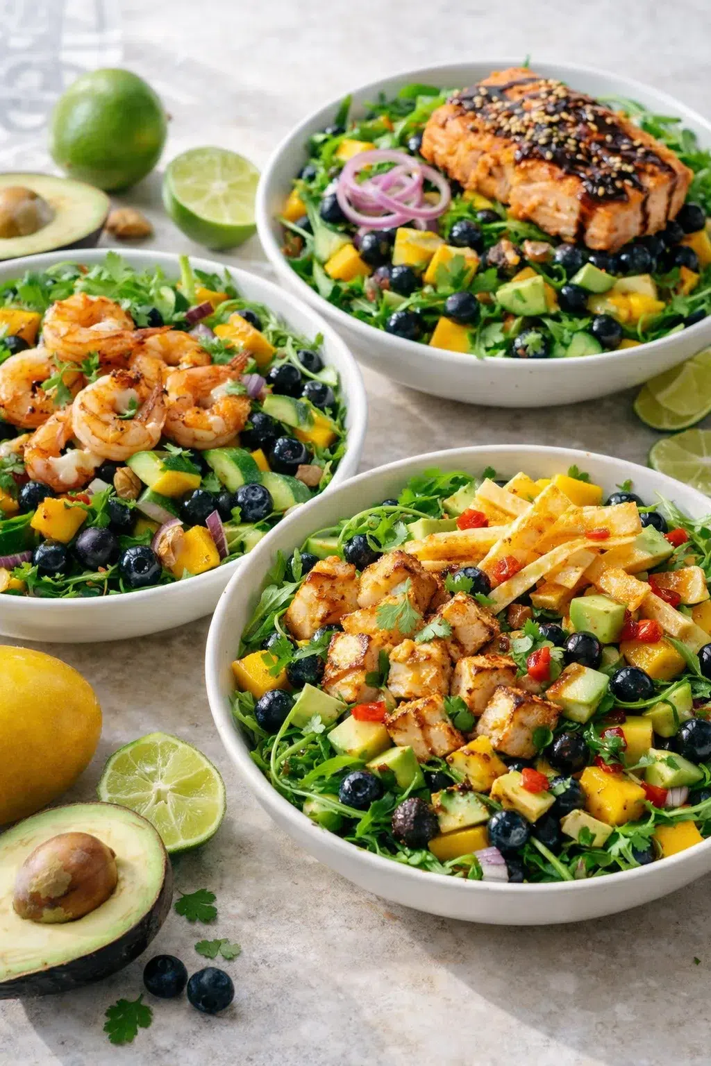 variations-placeholder.png Variation ideas for Mango Cucumber Salad with Blueberries and Avocado shown in a styled layout