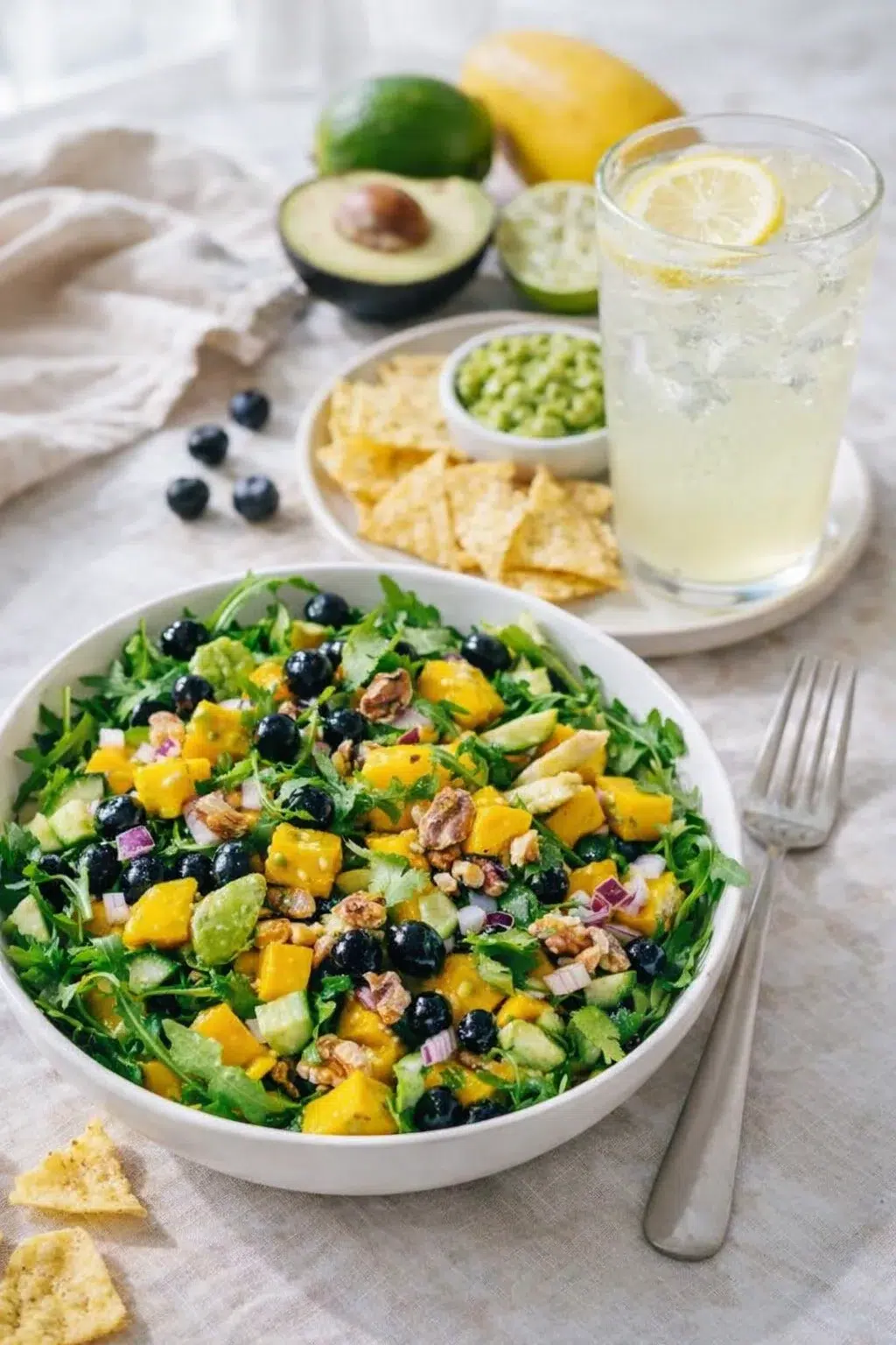 closing_final_dish-placeholder.png Alternative angle of Mango Cucumber Salad with Blueberries and Avocado served with a pairing