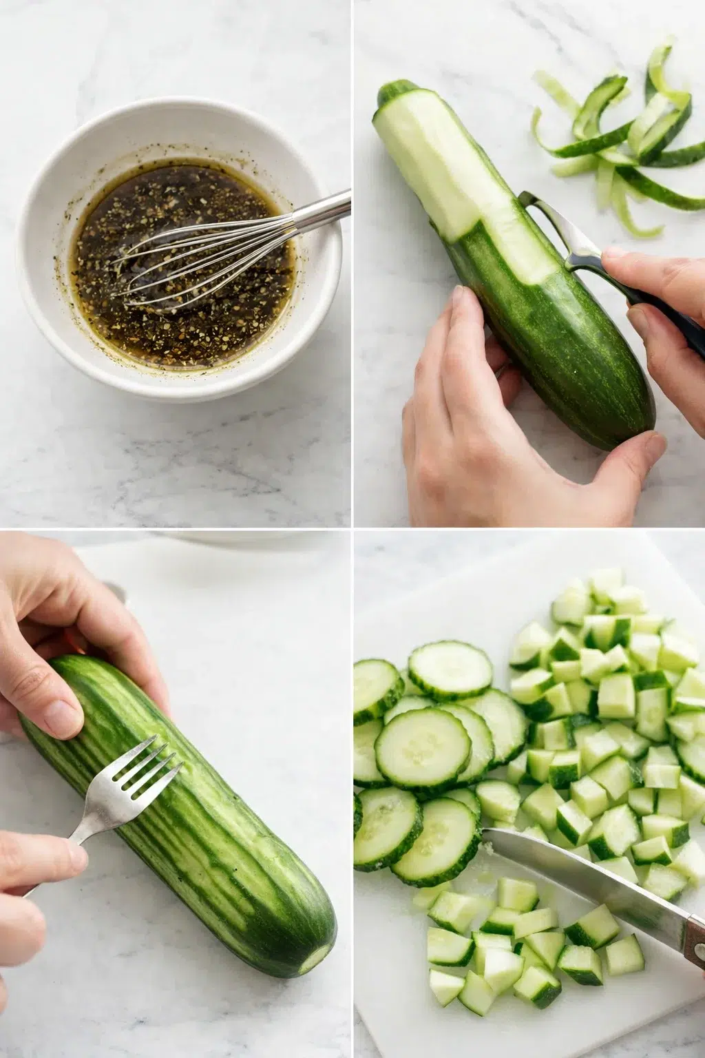 Small bowl of dressing being whisked next to peeled, fork-scored cucumber slices being diced