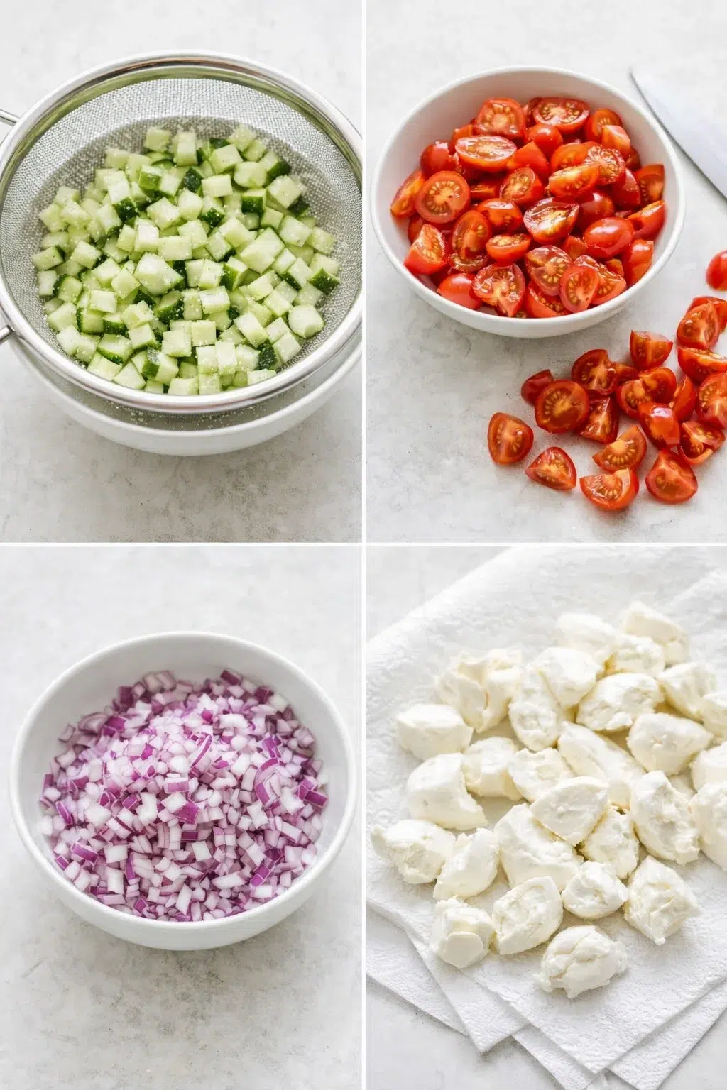 Diced cucumber lightly salted in colander with quartered cherry tomatoes, chopped red onion, and torn mozzarella
