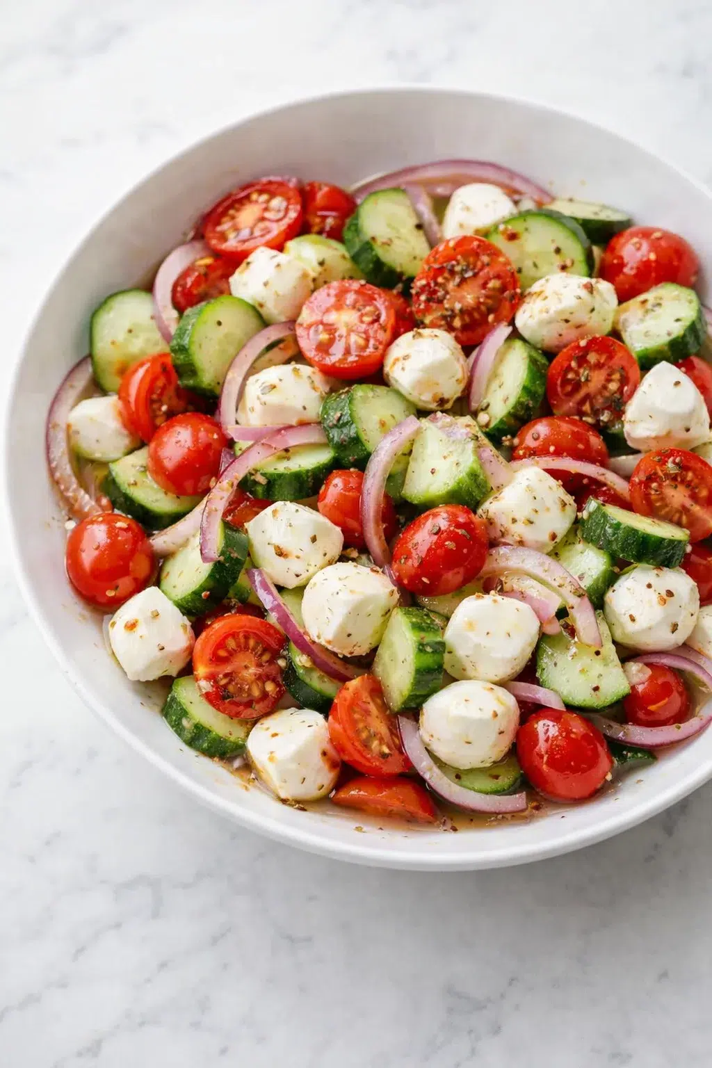 Cucumber, tomatoes, onion, and mozzarella tossed in bowl while dressing is poured over salad