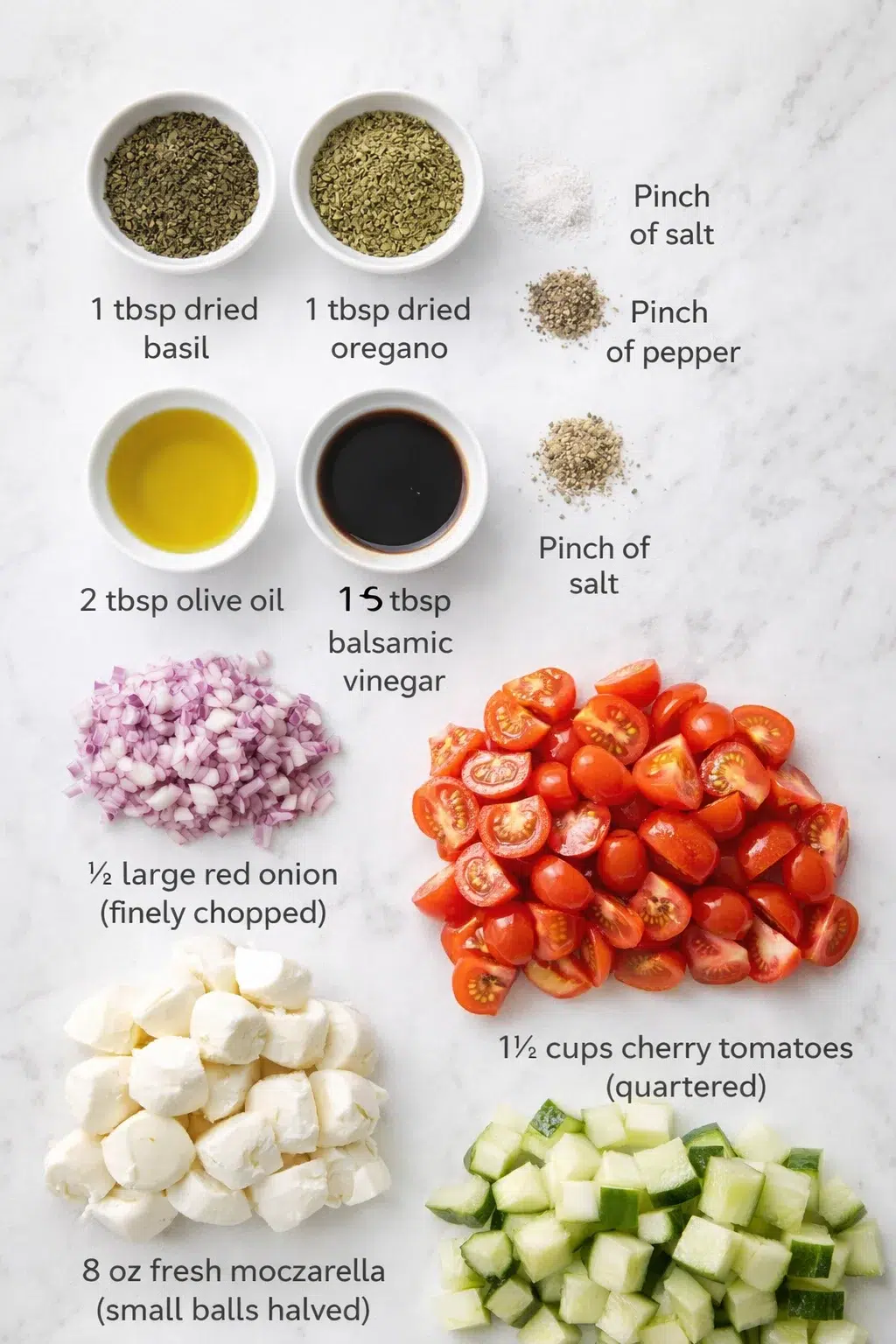 ingredients-placeholder.png Measured ingredients arranged for Fresh Cucumber Caprese Salad: 1 tbsp dried basil (or 3 tbsp chopped fresh basil, if you prefer), 1 tbsp dried oregano, 2 tbsp olive oil (I recommend Colavita extra virgin for great flavo