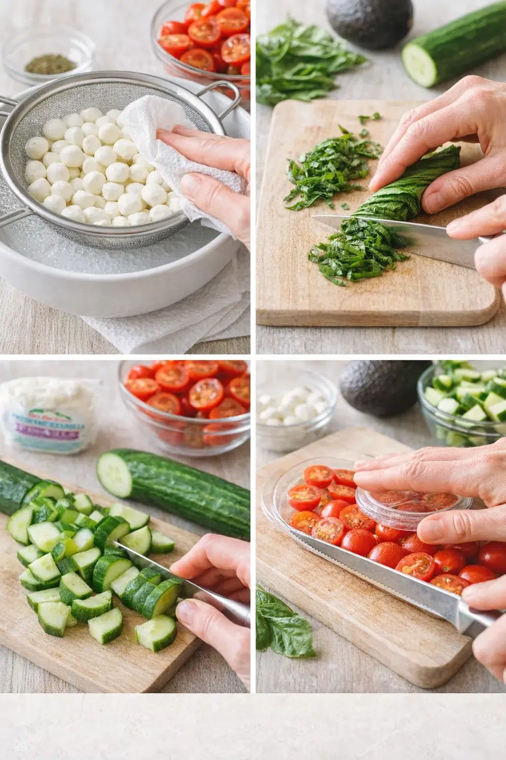 Mozzarella pearls draining in strainer next to rolled sliced basil ribbons, cucumber slices, halved cherry tomatoes.