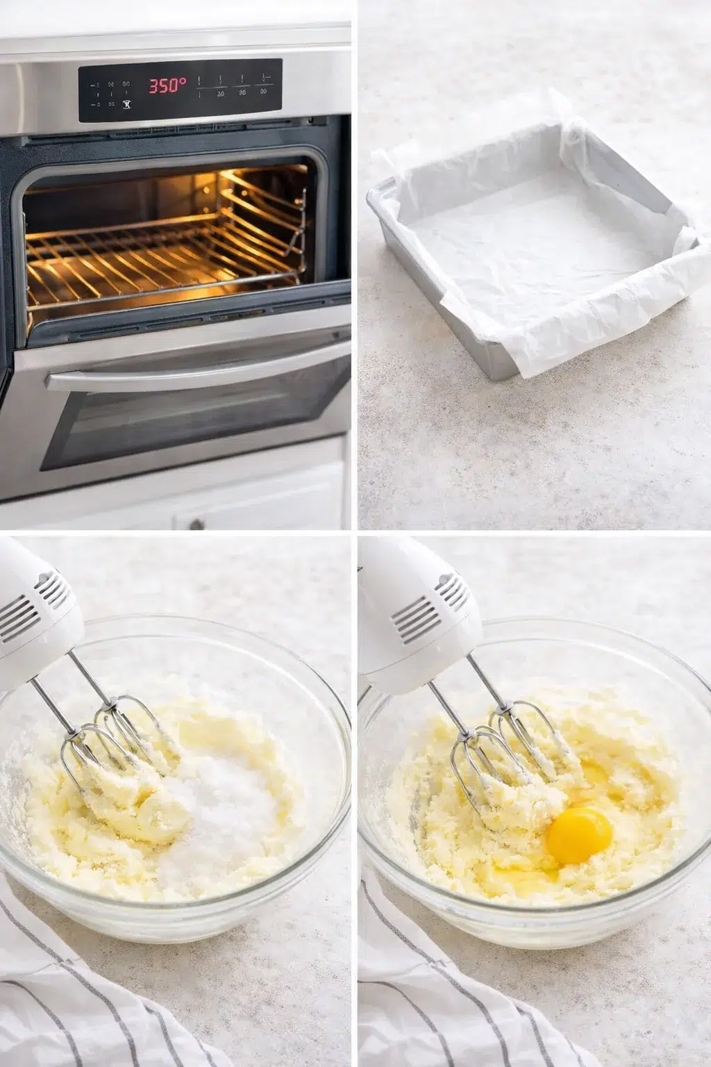 Bowl of pale butter and sugar being beaten, egg added; lined square pan with parchment beside oven