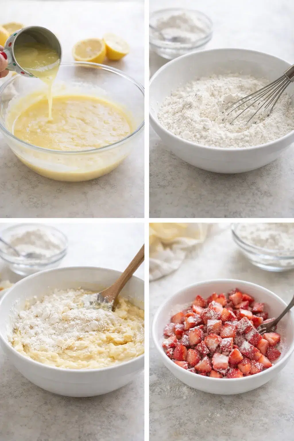 Wet batter being stirred with lemon; separate bowl of whisked flour and floured diced strawberries