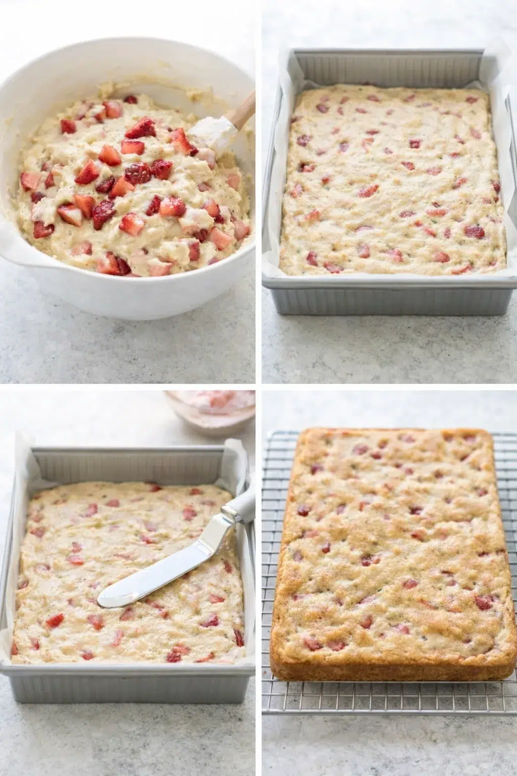 Thick batter smoothed into parchment-lined pan, studded with diced strawberries; finished blondies cooling on wire rack