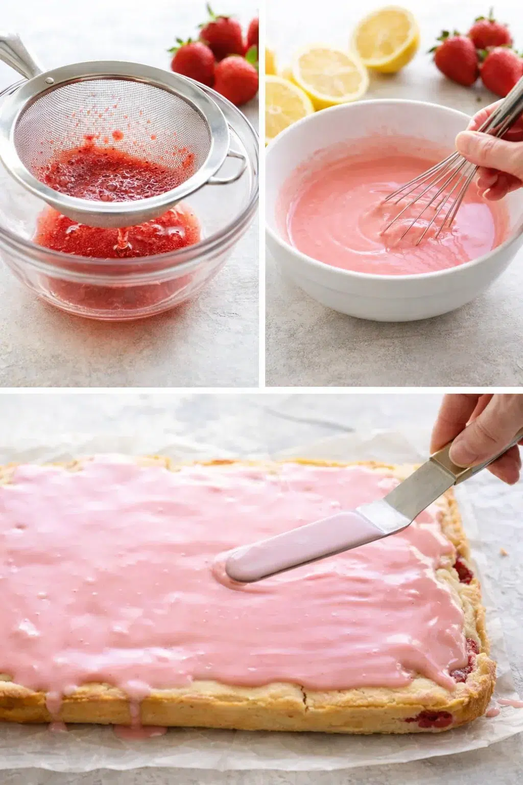 Strained strawberry puree combined with powdered sugar, whisked into glaze, then spread over cooled blondies