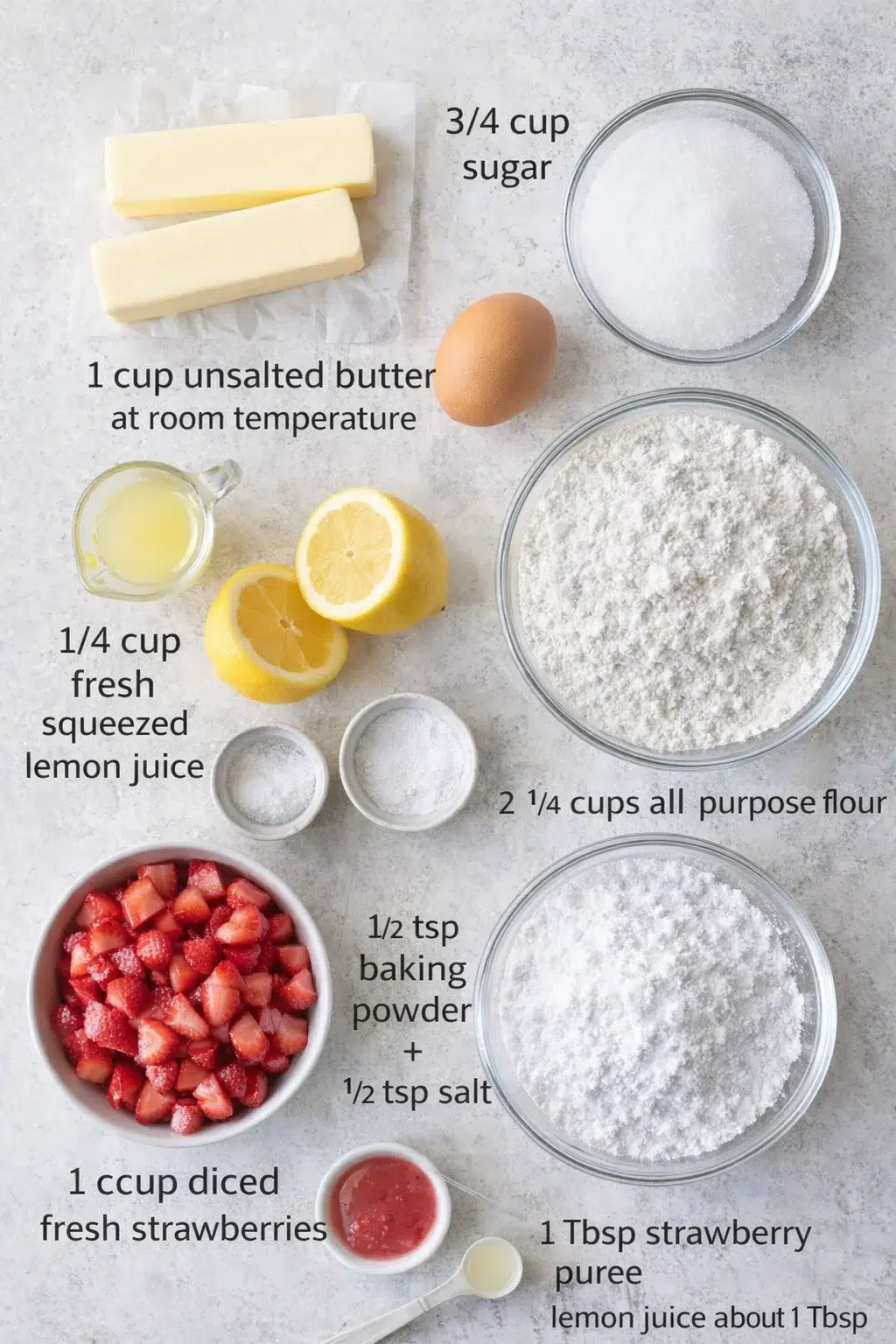 Measured ingredients arranged for Strawberry Lemon Blondies: 1 cup unsalted butter, at room temperature, 3/4 cup sugar, 1 large egg, 1/4 cup fresh squeezed lemon juice, 2 1/4 cups all purpose flour, 1/2 tsp baking powder