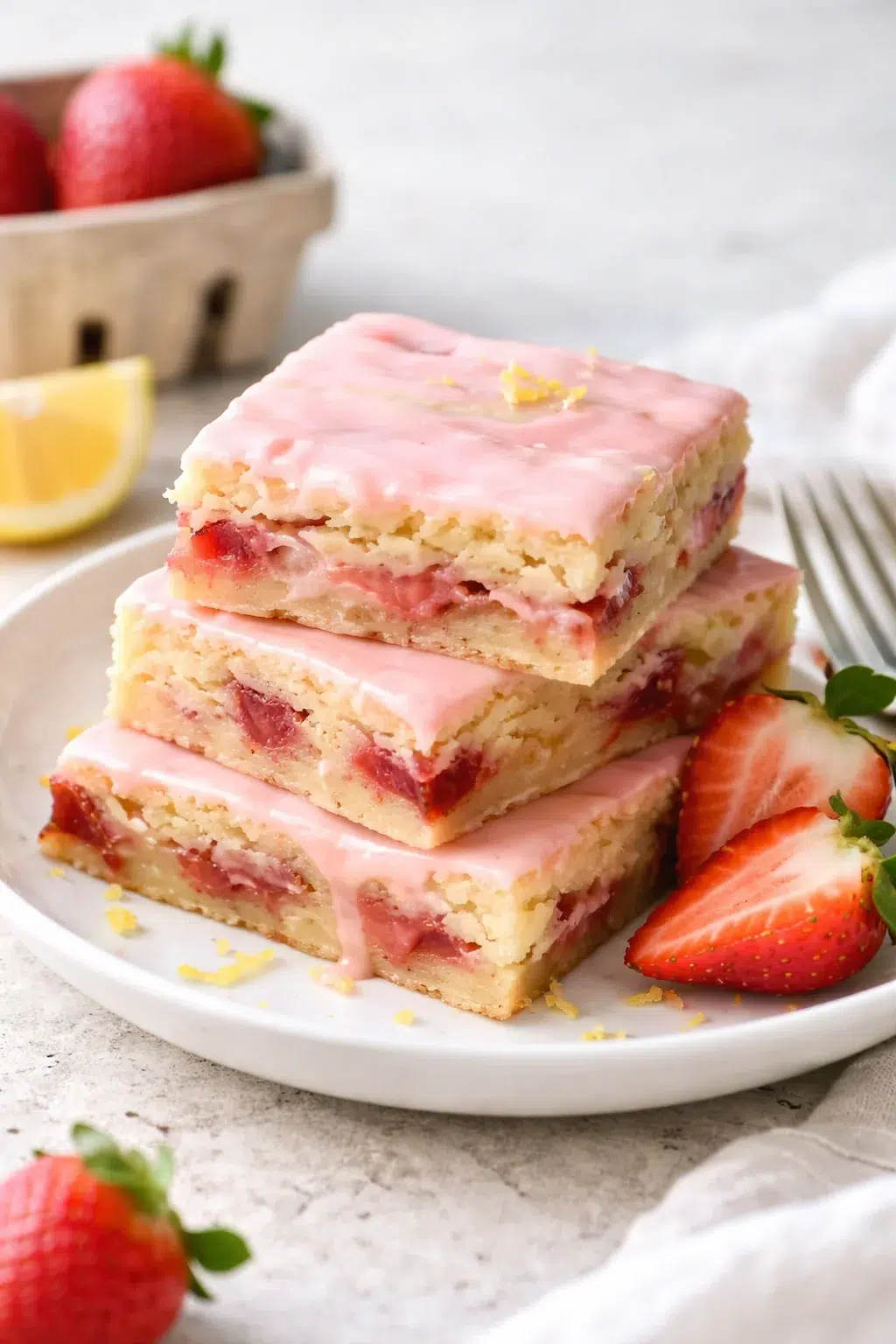 Final plated Strawberry Lemon Blondies served as a hero shot