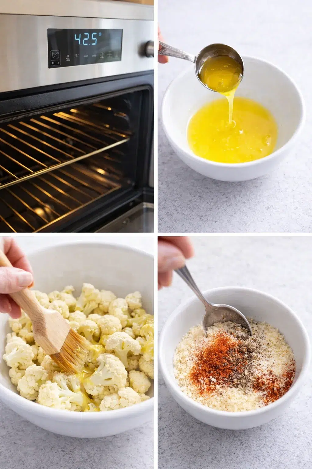 Cauliflower florets in a large bowl being brushed with melted butter, seasoning bowl beside.