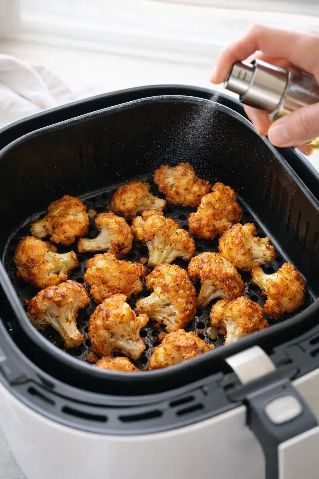 Cauliflower florets arranged in a single layer inside an air fryer basket, lightly sprayed with oil.