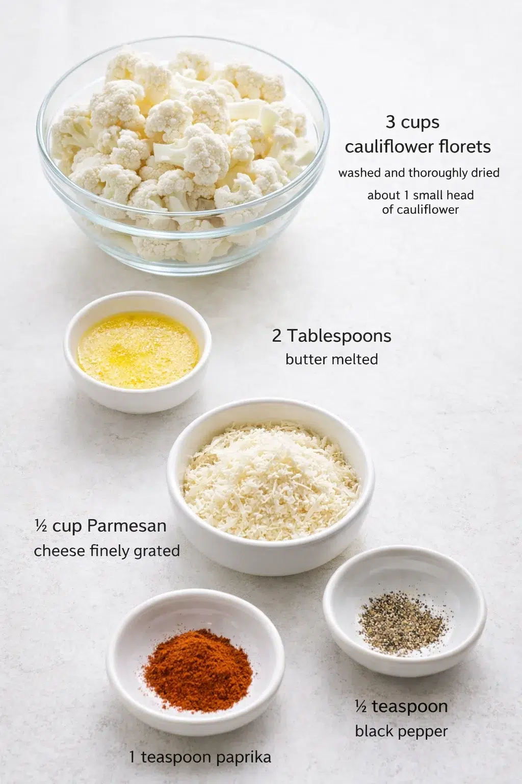 Measured ingredients arranged for Parmesan Cauliflower Bites - Just 5 Ingredients!: 3 cups cauliflower florets washed and thoroughly dried; about 1 small head of cauliflower, 2 Tablespoons butter melted, ½ cup Parmesan c