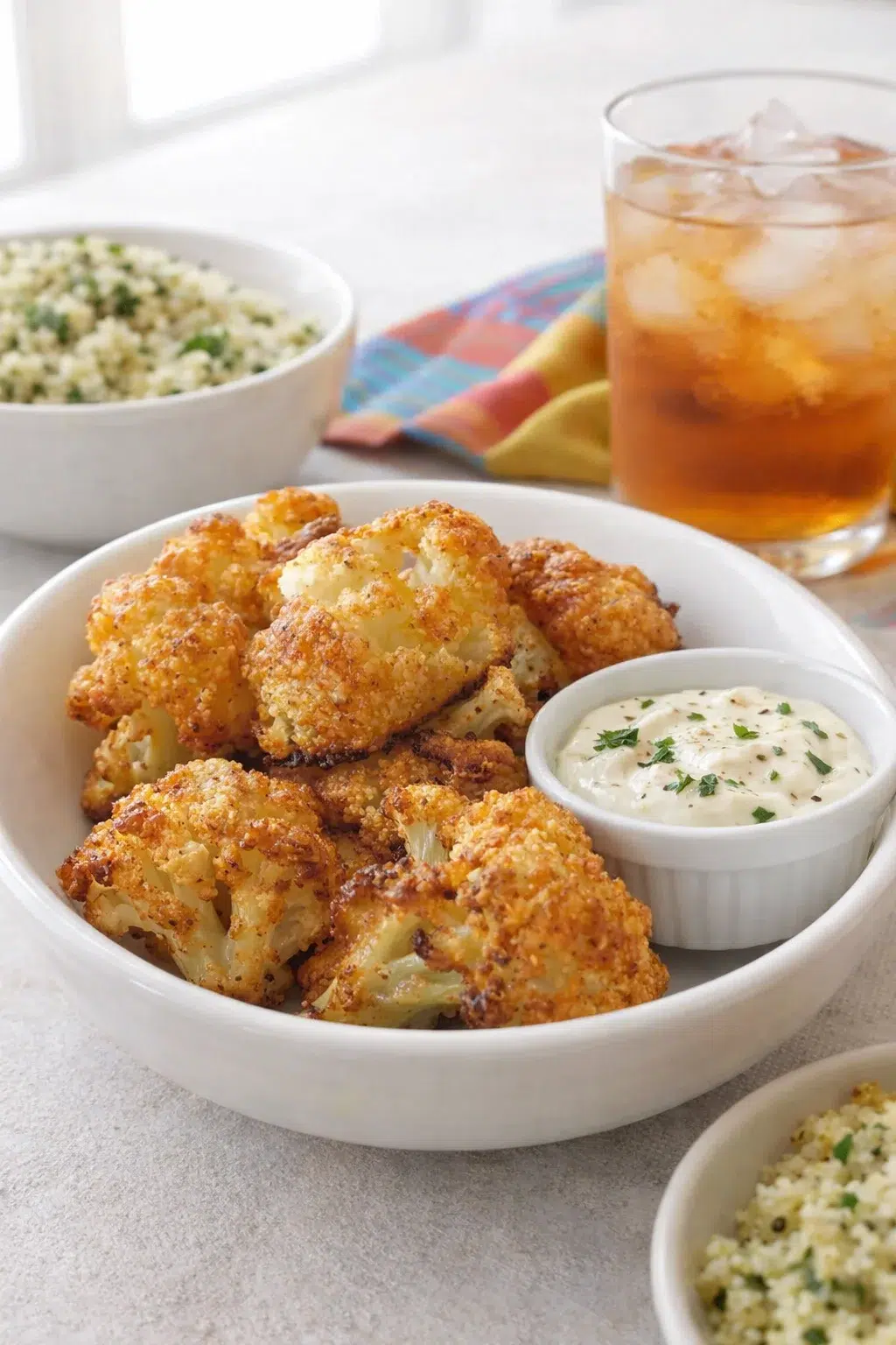Alternative angle of Parmesan Cauliflower Bites - Just 5 Ingredients! served with a pairing