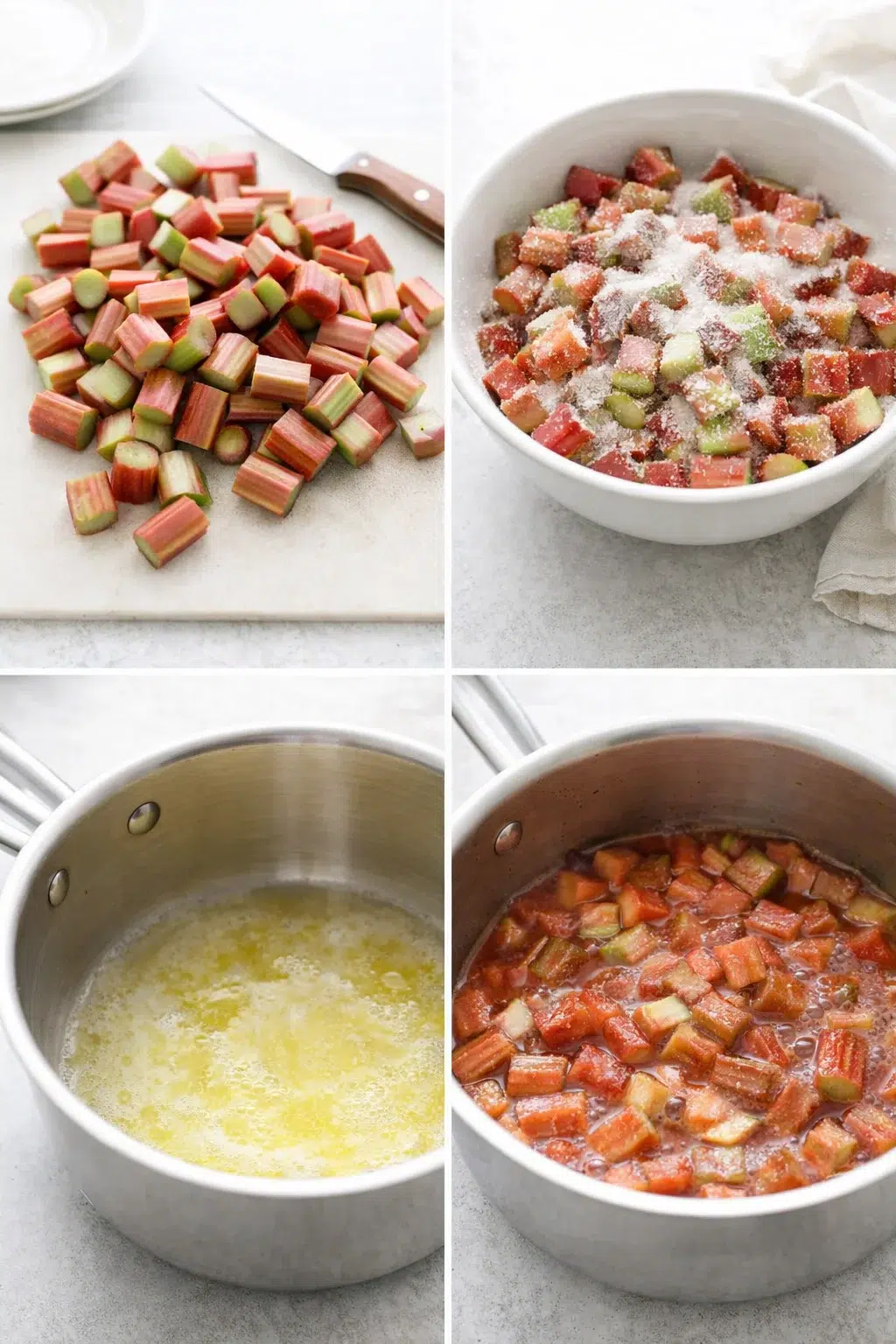 Chopped rhubarb tossed with sugar in a bowl, being poured with liqueur into buttered saucepan