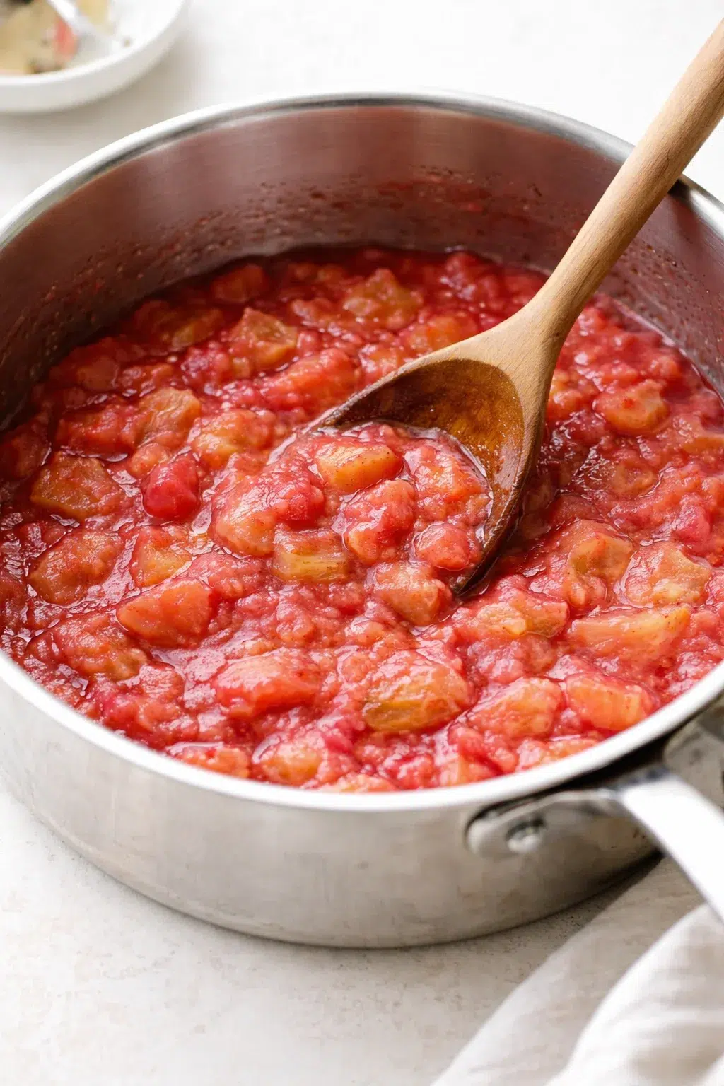 Rhubarb simmering in saucepan, pieces softened and syrup thickening as spoon gently stirs