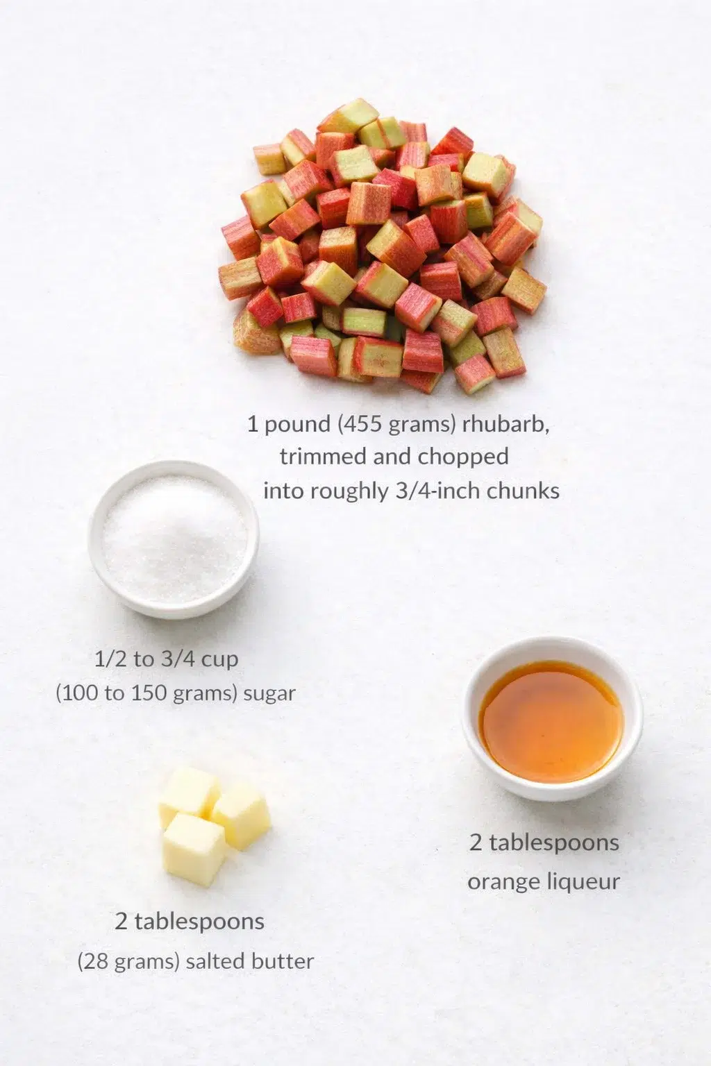 ingredients-placeholder.png Measured ingredients arranged for Simplest Stovetop Rhubarb Compote: 1 pound (455 grams) rhubarb, trimmed and chopped into roughly 3/4-inch chunks, 1/2 to 3/4 cup (100 to 150 grams) sugar, adjusted to your preference, 2