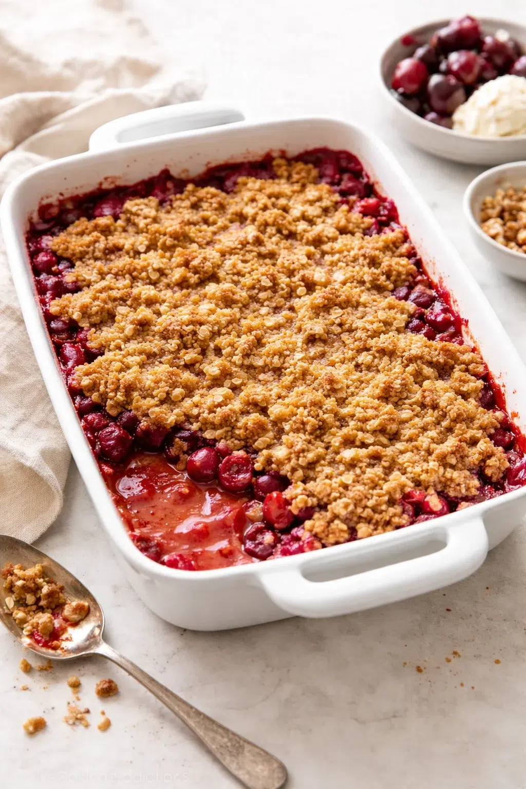 Baking dish in oven with golden-brown crumble topping and bubbling fruit at the edges.