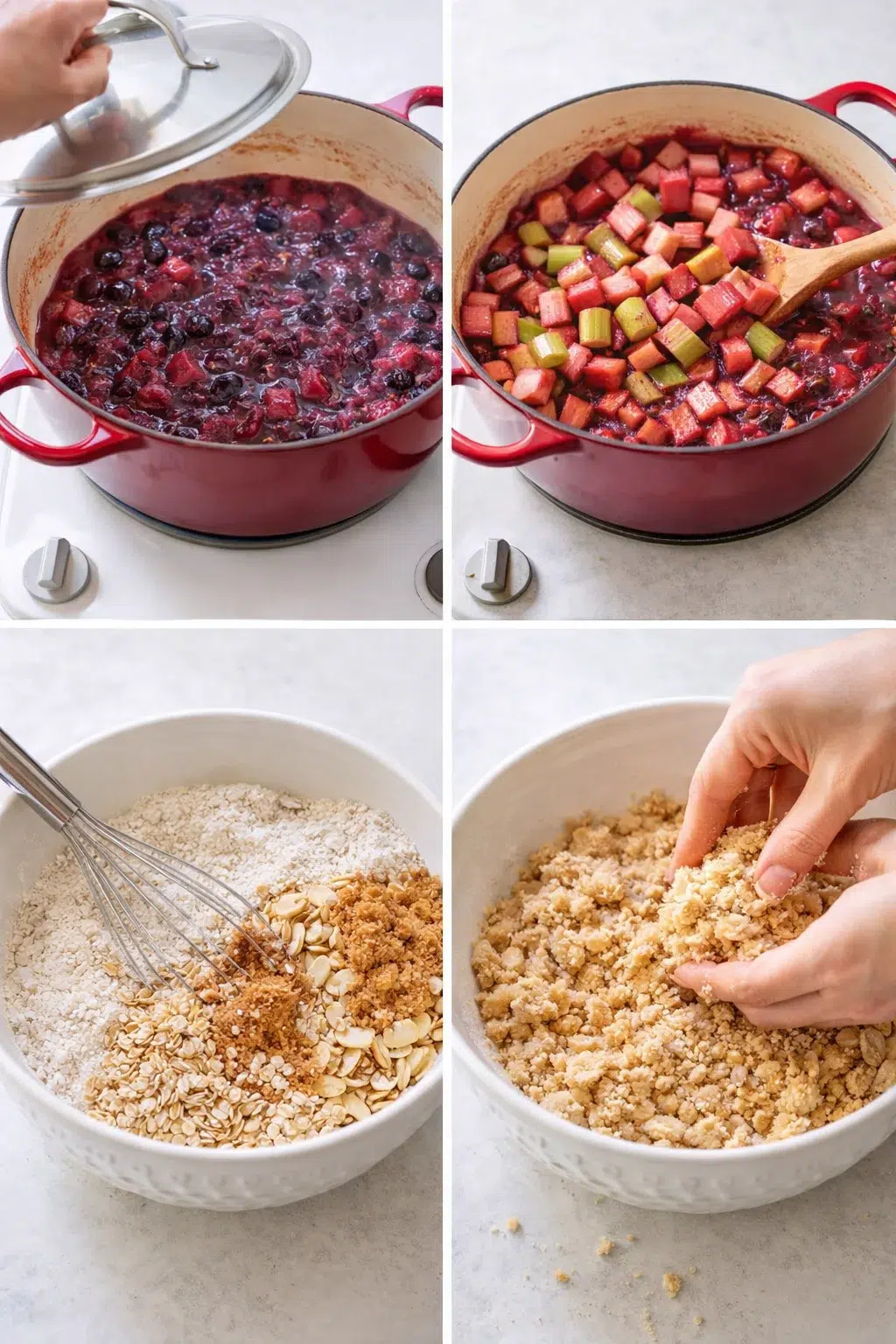 Hands rubbing softened butter into flour-oat-almond mixture until coarse, crumbly topping forms.