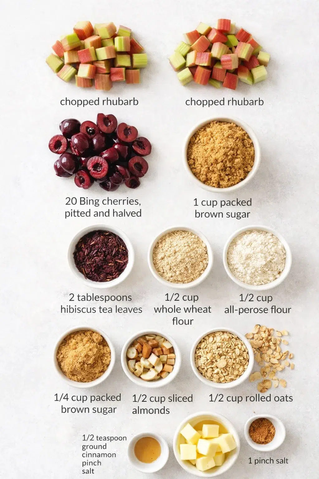 Measured ingredients arranged for Rhubarb Cherry Hibiscus Crumble: 6 chopped rhubarb (about 3/4-inch cubes), divided into two portions, 20 Bing cherries, pitted and halved, 1 cup packed brown sugar, 2 tablespoons hibiscu