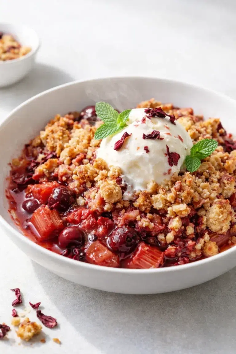 Final plated Rhubarb Cherry Hibiscus Crumble served as a hero shot