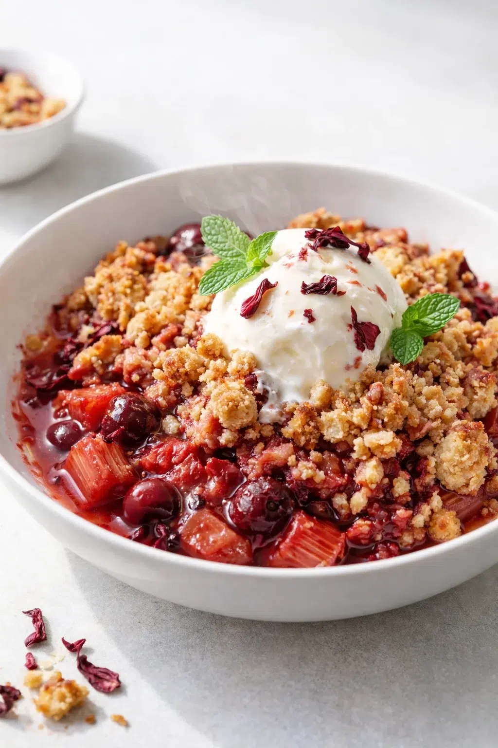 Final plated Rhubarb Cherry Hibiscus Crumble served as a hero shot
