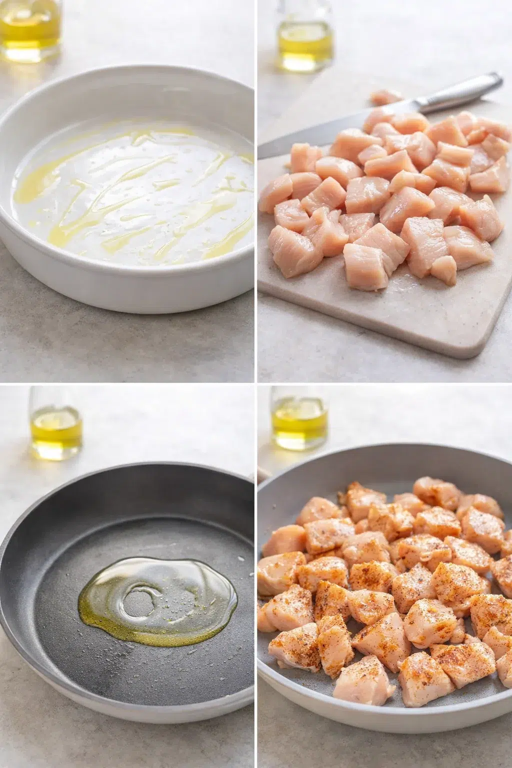 step-process-placeholder-1-4.png Baking dish greased, bite-sized chicken chunks on cutting board and seasonings nearby.