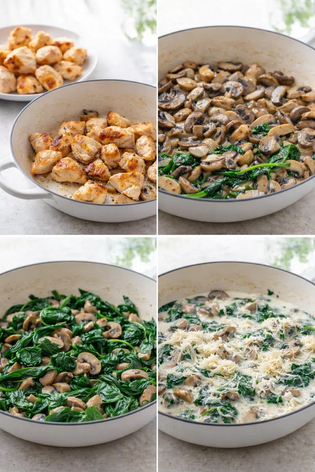 step-process-placeholder-5-8.png Skillet with mushrooms and wilted spinach simmering in creamy, cheesy sauce, cooked chicken on plate.