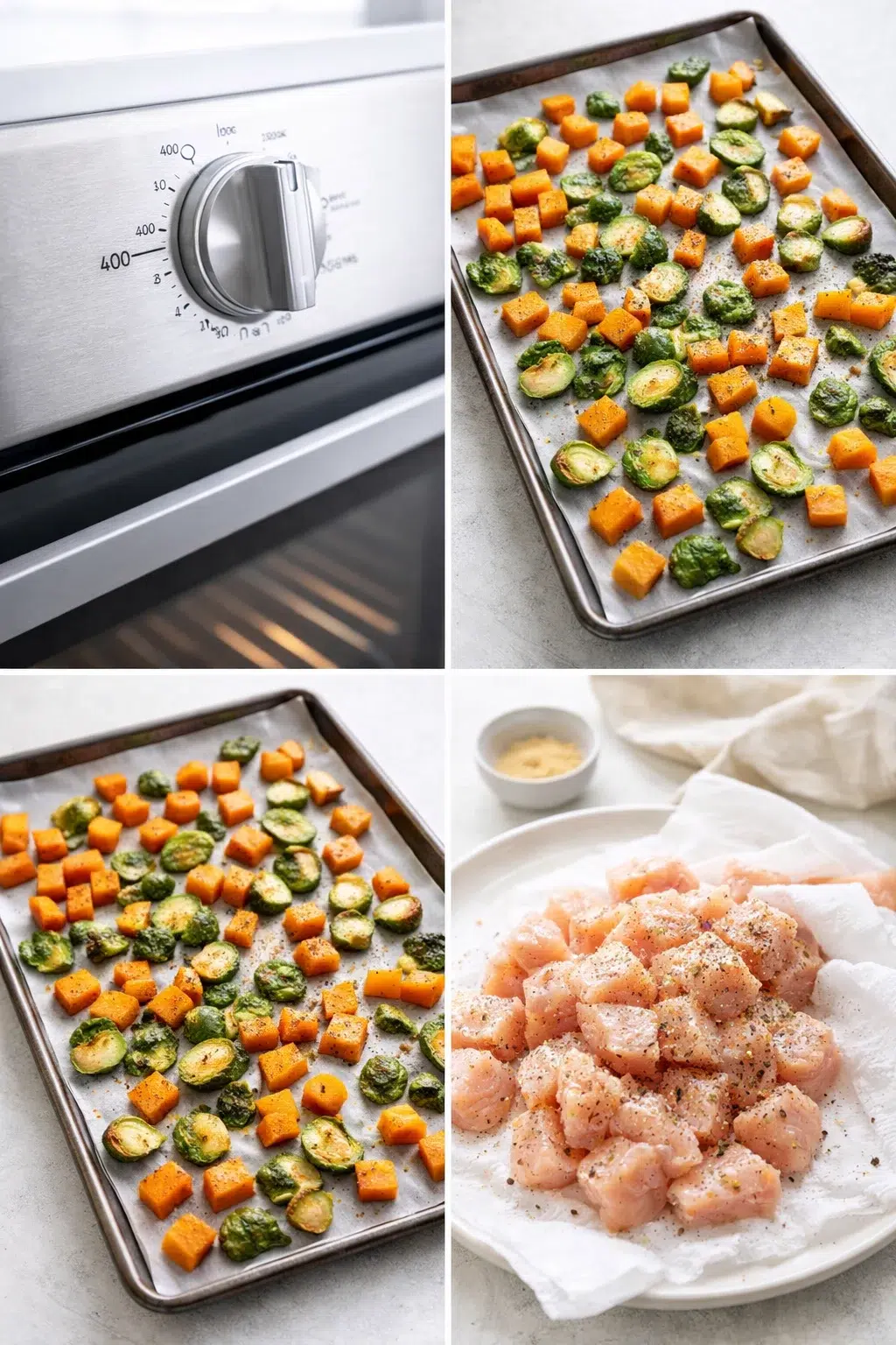 Diced sweet potatoes and halved Brussels sprouts spread on baking sheet; seasoned raw chicken cubes nearby.
