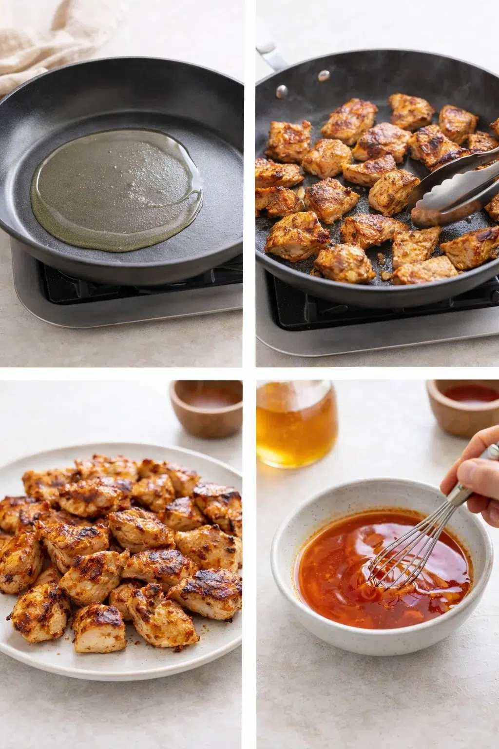 Golden-browned chicken pieces sizzling in skillet beside a small bowl of honey-hot sauce being whisked.