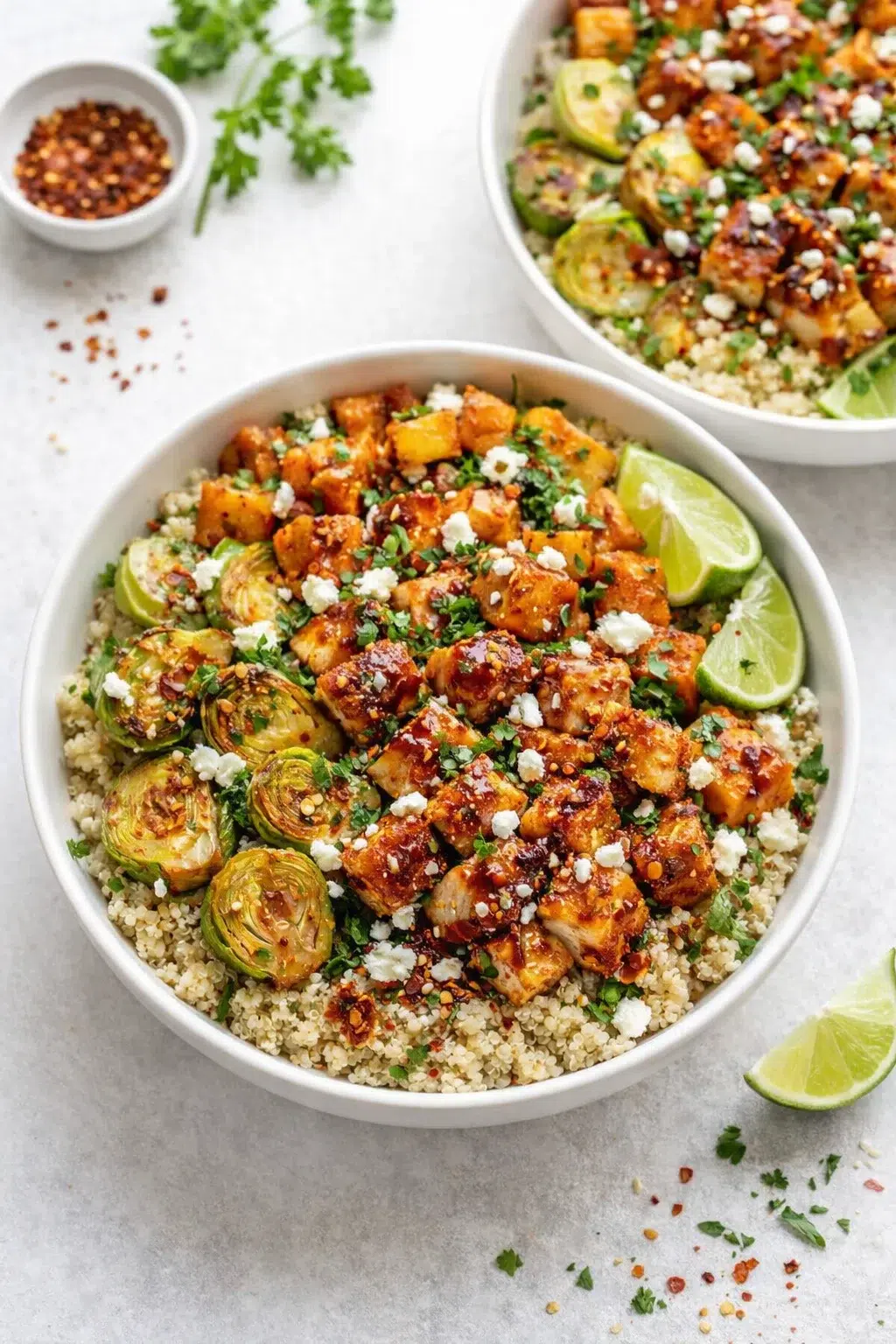 Quinoa bowl topped with roasted vegetables and chicken, drizzled hot honey, sprinkled with crumbled feta.