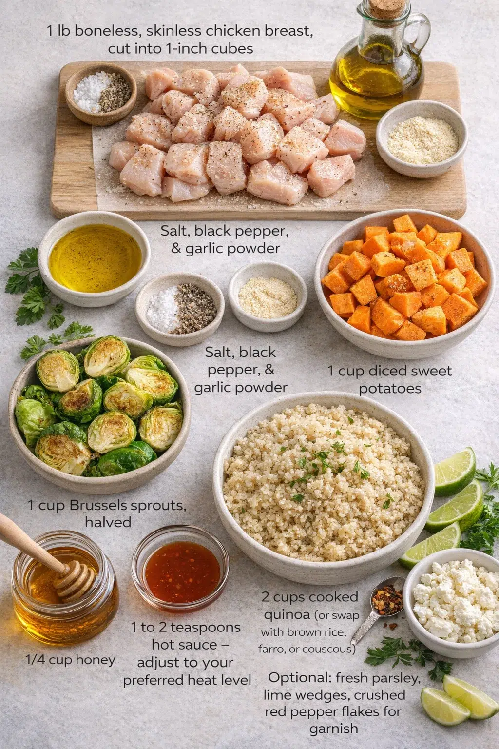 ingredients-placeholder.png Measured ingredients arranged for Hot Honey Chicken Quinoa Bowl : Bold, Balanced, and Totally Addictive: 1 pound boneless, skinless chicken breast, cut into 1-inch cubes, 2 tablespoons olive oil, Salt, black pepper, and